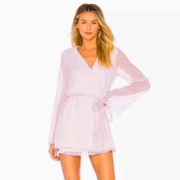 Lovers + Friends Maggie Wrap Tunic Top Mini Dress Small Pink Polka Dot Kimono - Picture 1 of 15